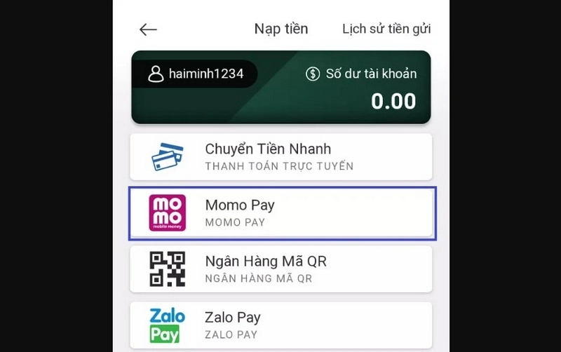 Chọn hình thức nạp thông qua qua ví điện tử
